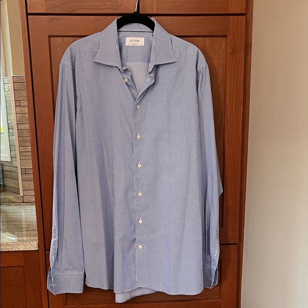 Like New 📈 ETON Contemporary Light Blue Microcheck Dress Shirt Sz 44 / 17.5